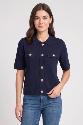 Women Spread Collar Short Sleeve Knitted Top, Dark Navy