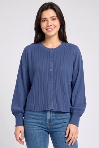 Women Crew-Neck Rib Knit Cardigan, Blue