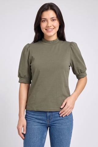 Women Mock Neck Short Sleeve Solid Top, Olive