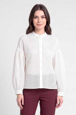 Women Round Neck Balloon Sleeve Eyelet Shirt, White
