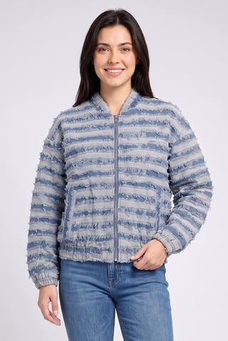 Women Textured Denim Jacket, Washed Blue