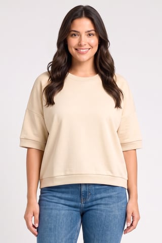 Women Crew Neck Short Sleeve Solid T-Shirt, Beige