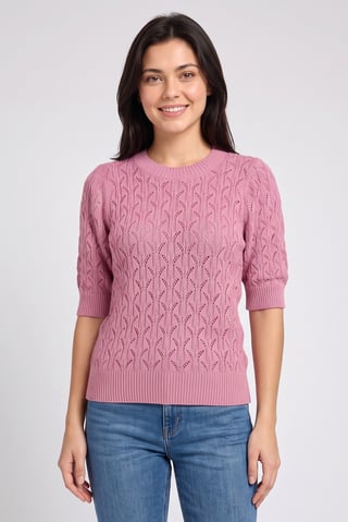 Women Crew Neck Knitted Sweater, Pink