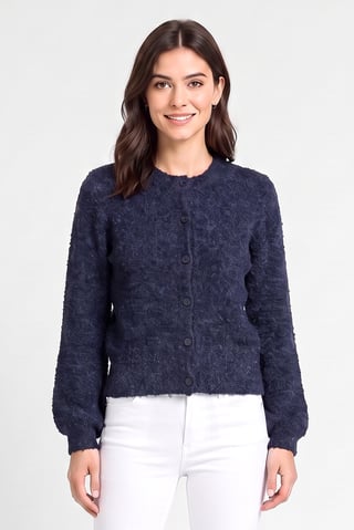 Women Crew Neck Textured Cardigan, Navy Blue