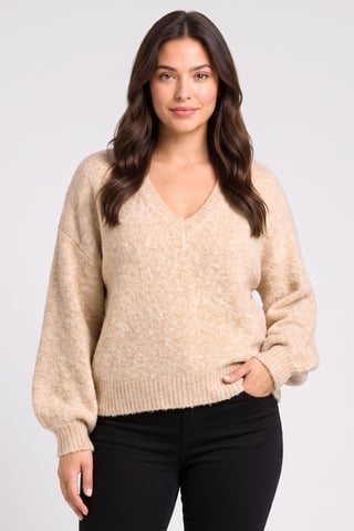 Women V-Neck Knitted Sweater, Tan