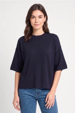 Women Mock Neck Short Sleeve Knitted T-Shirt, Navy Blue