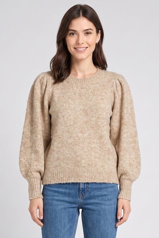 Women Crew Neck Textured Sweater, Tan