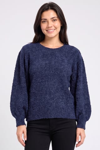Women Crew Neck Textured Sweater, Navy Blue