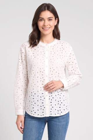 Women Crew Neck Eyelet Long Sleeve Shirt, Off-White