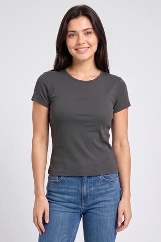 Women Crew Neck Short Sleeve Textured Crop Top, Dark Grey