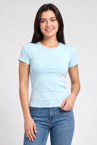 Women Crew Neck Short Sleeve Textured Crop Top, Sky Blue