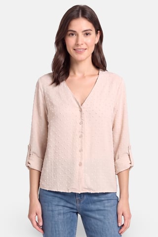 Women V Neck Long Sleeve Textured Blouse, Beige