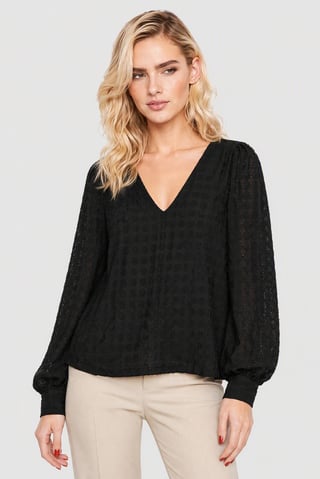 Women V Neck Long Sleeve Textured Blouse, Black