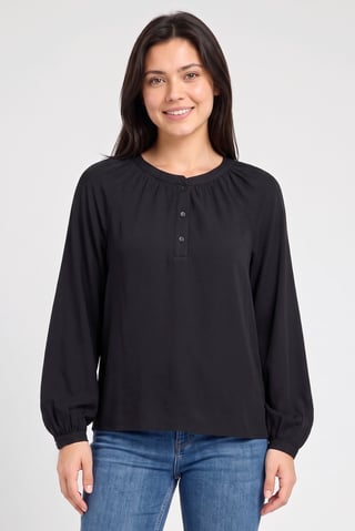 Women Crew Neck Long Sleeve Plain Blouse, Black
