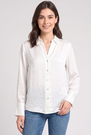 Women Spread Collar Long Sleeve Plain Shirt, White