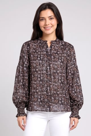 Women Ruffle Neck Floral Print Long Sleeve Blouse, Multicolor