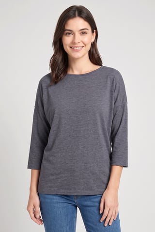 Women Round Neck 3/4 Sleeve Solid Top, Grey