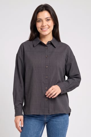 Women Spread Collar Textured Long Sleeve Shirt, Dark Grey