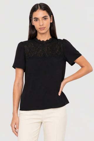 Women Scalloped Neck Lace Details Short Sleeve Blouse, Black