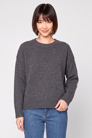 Women Crew Neck Knitted Sweater, Dark Grey