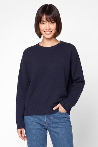 Women Crew Neck Knitted Sweater, Navy