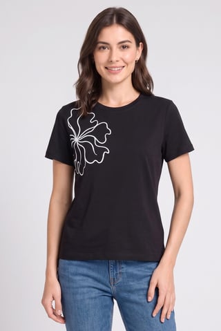 Women Crew Neck Short Sleeve Graphic Print Top, Black