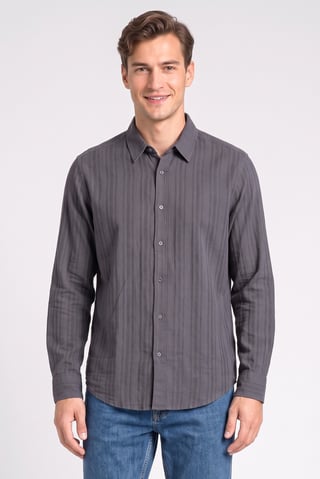 Men Regular Fit Stripe Long Sleeve Casual Shirt, Charcoal