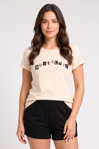 Women 2Pcs Jewel Neck Cap Sleeves Graphic Printed T-Shirt And Bottom Set, Cream