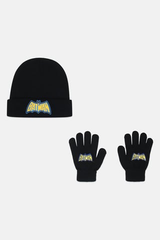 Kids Boy Batman Knitted Beanie And Gloves Set, Black