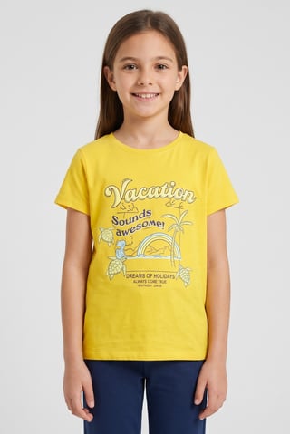 Kids Girl Round Neck Short Sleeve Graphic Print T-Shirt, Yellow