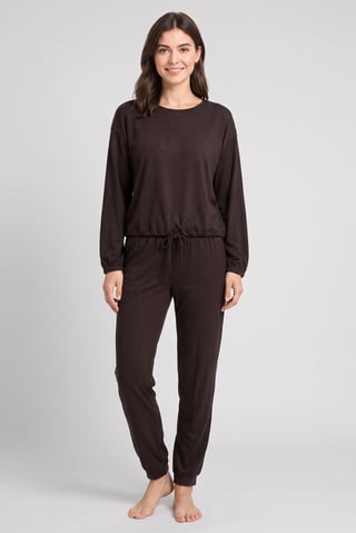 Women 2 Pcs Solid Pajama Top And Pants Set, Chocolate Brown