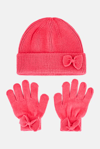 Kids Girl 2 Pcs Textured Beanie Hat With Gloves Set, Dark Pink