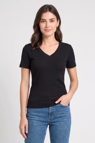 Women V Neck Short Sleeve Solid Top, Black
