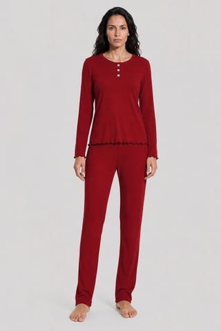 Women 2 Pieces Textured Long Sleeve Top And Pants Pajama Set, Burgundy