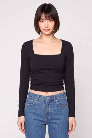 Women Square Neck Long Sleeve Solid Crop Top, Black