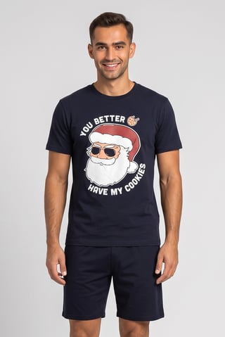 Men 2 Pcs Graphic Print T-Shirt And Shorts Pyjama Set, Dark Navy