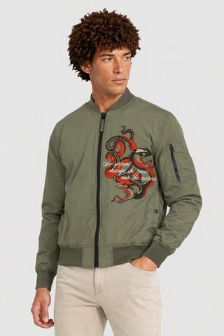 Men Embroidered Bomber Jacket, Olive