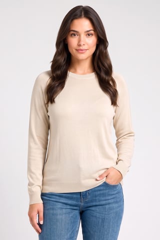 Women Ribbed Collar Long Sleeve Knitted Sweater, Beige
