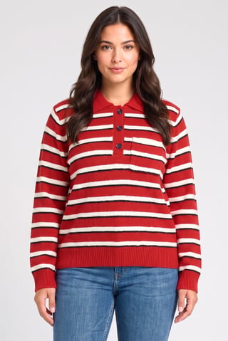 Women Spread Collar Stripe Sweater, Multicolor