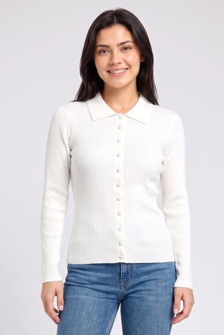 Women Spread Collar Long Sleeve Knitted Cardigan, Off White