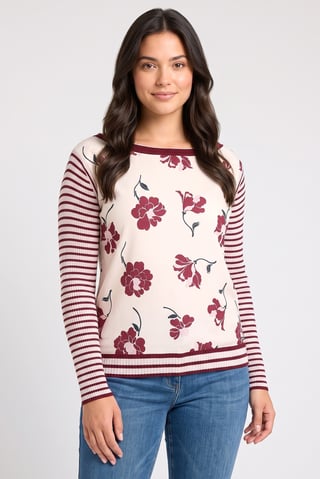 Women Boat Neck Long Sleeve Floral Print Top, Multicolor