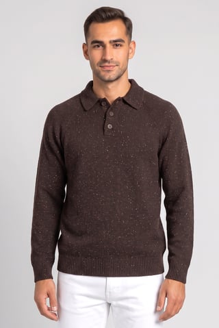 Men Spread Collar Textured Sweater, Brown