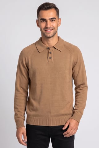 Men Spread Collar Textured Sweater, Brown
