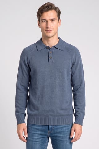 Men Regular Fit Knitted Long Sleeve Polo Shirt, Dusty Blue