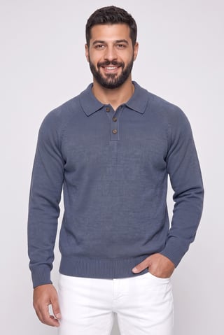 Men Spread Collar Rib Knit Sweater, Slate Blue