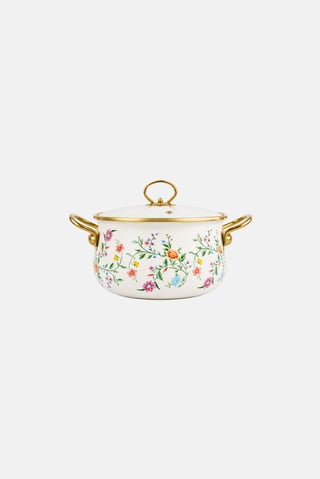 Floral Print Enamel Pot With Glass Lid, Cream
