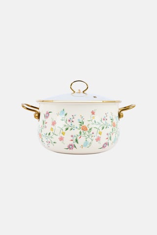 Floral Print Enamel Pot With Glass Lid, Cream