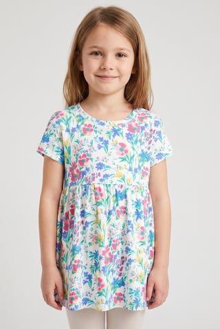 Toddlers Girl Crew Neck Short Sleeve Allover Print, Multicolor