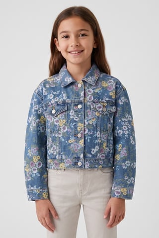 Kids Girl Floral Print Denim Jacket Shirt, Multicolor