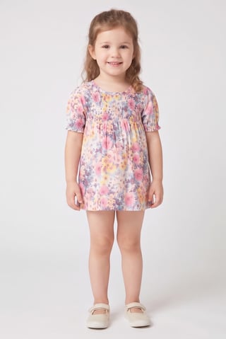 Toddlers Girl Floral Pattern Short Sleeve Dress, Multicolor
